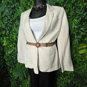 CALVIN KLEIN Women Jacket 12 Khaki Beige Blazer‎ Linen Blend Belted $149 Career